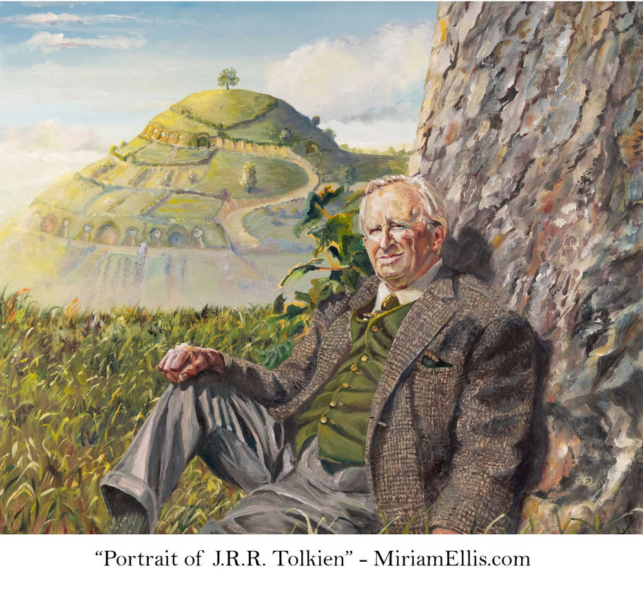 A painted image of JRR Tolkien, sitting against a tree with a hobbit mound in the background