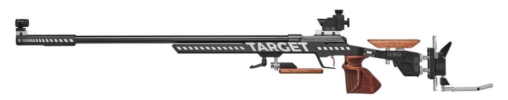 This image shows a detailed, high-resolution studio shot of a CZ 457 Target rifle against a plain white background.

The rifle dominates the composition, oriented horizontally with its muzzle pointing left. It has a sleek, modern design with a black barrel and receiver. White stripes and the word "TARGET" are prominently displayed on the side. The trigger is red, offering a pop of color. The stock is made of wood, adding a touch of classic elegance to the weapon. The rifle is also equipped with adjustable sights and other accessories, suggesting it is designed for precision shooting. The lighting is even and diffused, highlighting the details of the rifle without harsh shadows. The overall atmosphere is professional and technical, emphasizing the rifle's precision and quality.
