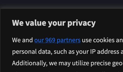 We value your privacy

We and our 969 partners use cookies an personal data, such as your IP address