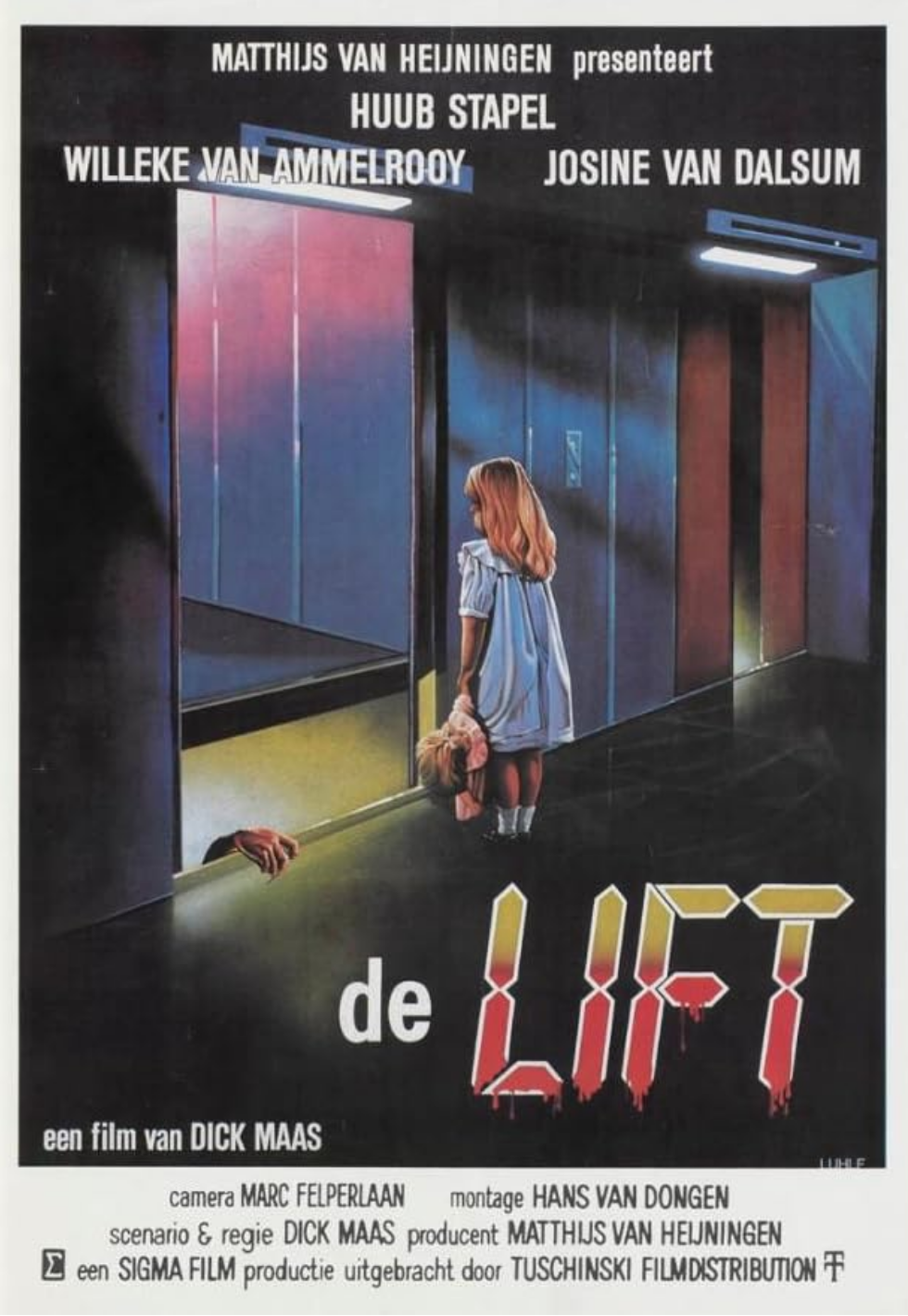 This poster for the film "De Lift" depicts a young girl in an elevator with a sinister shadow suggesting a lurking danger.

The image is a movie poster with a dark and ominous atmosphere. In the center of the poster stands a young girl with blonde hair, wearing a light blue dress and white socks. She is facing away from the viewer, looking towards the open doors of an elevator. She is holding a doll in her right arm, which appears to be made of fabric with light brown hair. The elevator car is sleek with metallic doors, one of which is a reflective reddish-pink, and the other is a muted blue-grey. The interior of the elevator, visible through the open doors, is dimly lit with a faint yellow glow emanating from below. To the left, a disembodied hand with pale skin and outstretched fingers is reaching up from what appears to be the elevator shaft or a lower level, emerging from the shadows. The hand is positioned in a way that suggests a threatening presence. The background is dark and largely featureless, emphasizing the isolation of the scene. Above the girl and the elevator, white text displays credits and names related to the film's production. The word "de" is in white text below the elevator, and the word "LIFT" is prominently displayed in large, stylized letters that are yellow at the top and fade to a dripping red at the bottom, evoking a sense of dread and gore. The overall mood is suspenseful and unsettling, hinting at a horror or thriller genre.